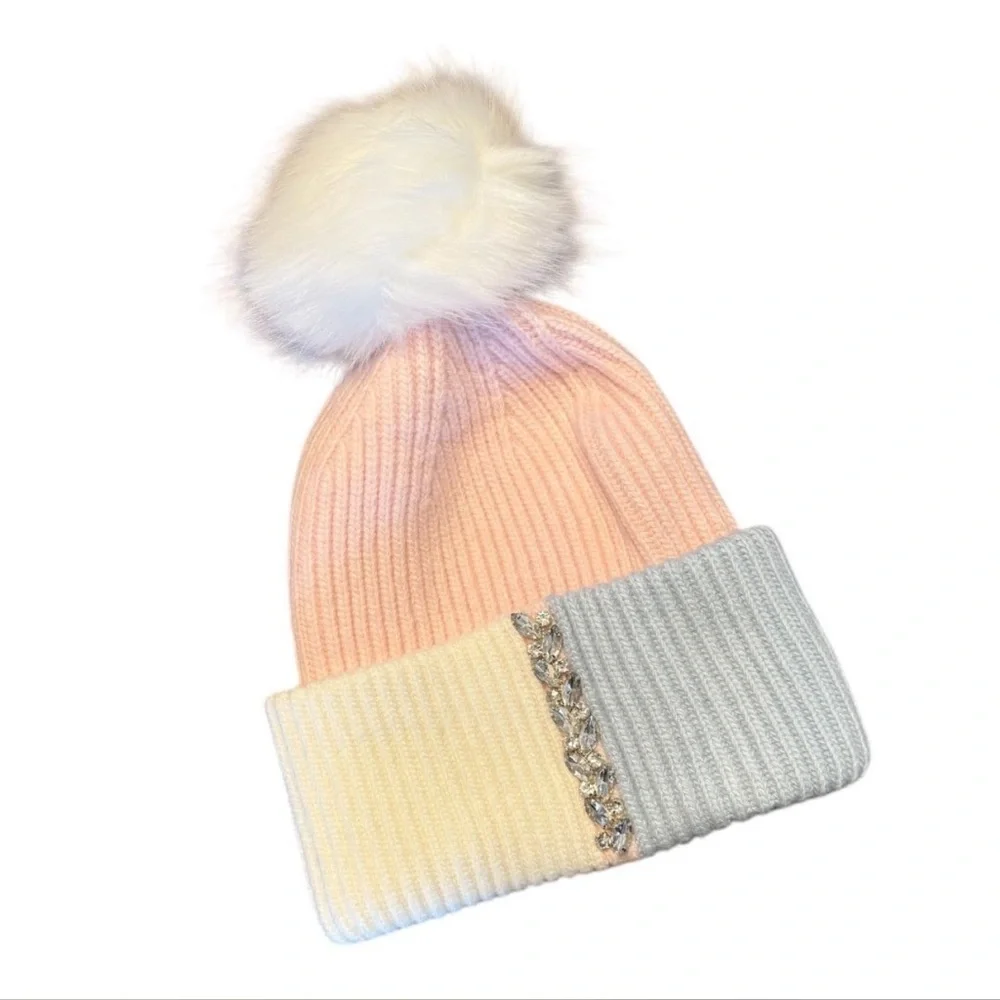 Adrienne Landau NWT Pink and Blue Combo Knitted Pom-Pom Beanie Hat